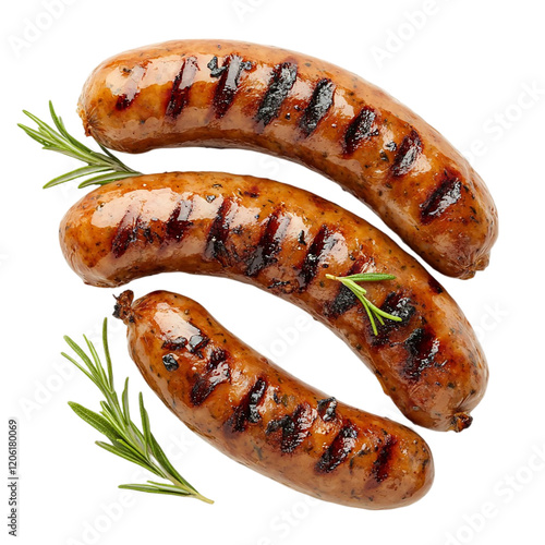 Grilled sausage top view isolated on transparent background.