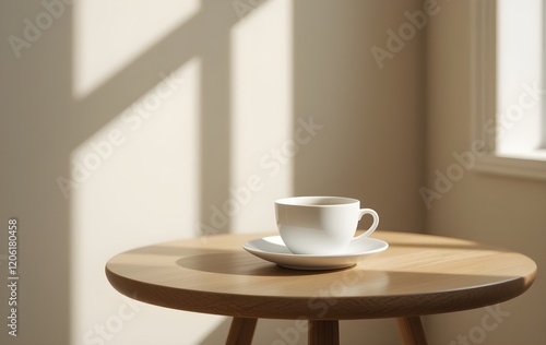 Wallpaper Mural Minimalist coffee scene, white ceramic cup and saucer, round wooden table, soft morning light, window shadows, beige wall, serene atmosphere, clean aesthetics Torontodigital.ca