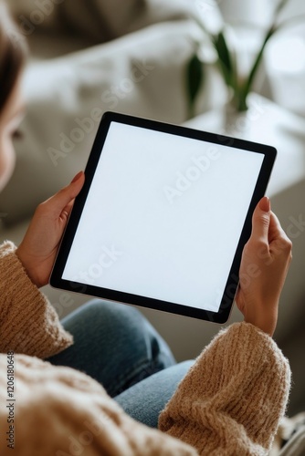 A person sitting on a couch with a tablet in hand, possibly browsing or working