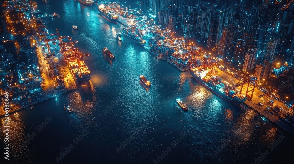 Obraz premium Aerial view of a vibrant city harbor at night, illuminated by colorful lights and bustling with activity.