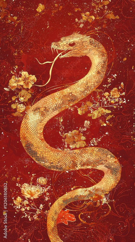 Obraz premium Stylized Golden Snake Coiled Against Red Background with Festive Floral Elements