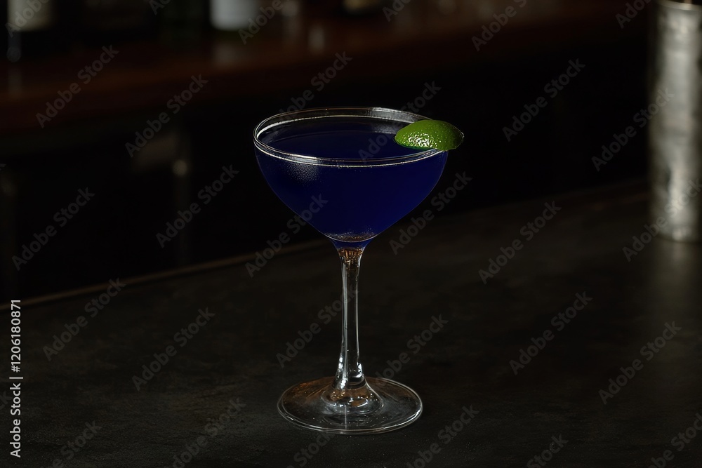 An up-close look at a delicious and refreshing blue cocktail sitting on a bar counter An up-close look at a delicious and refreshing blue cocktail sitting on a bar counter