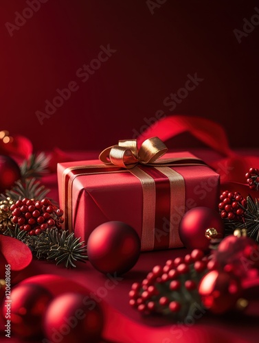 Obraz na płótnie Red Gift Boxes with Elegant Ribbons and Festive Decorations w salonie