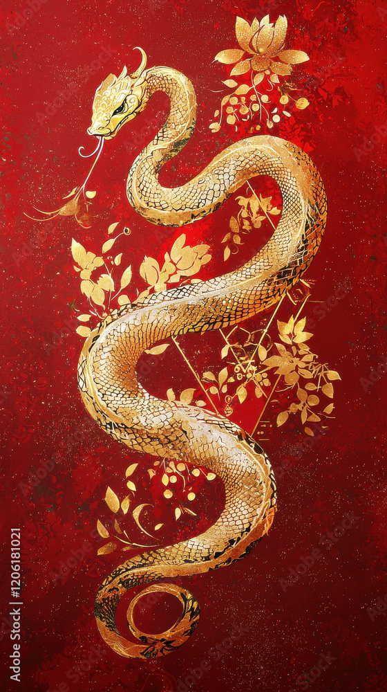 Stylized Golden Snake Coiled Against Red Background with Festive Floral Elements Stylized Golden Snake Coiled Against Red Background with Festive Floral Elements