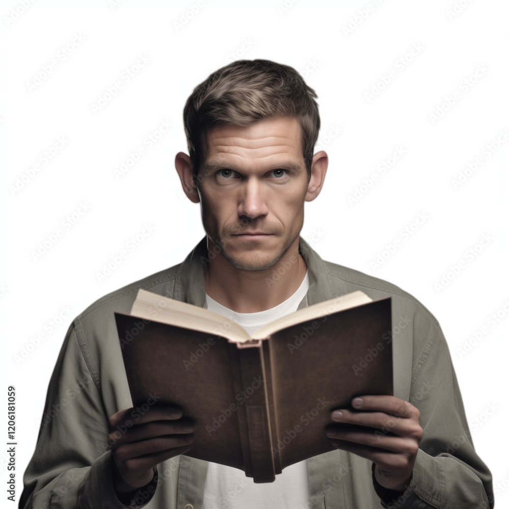 Man reading book with serious expression against white background Man reading book with serious expression against white background