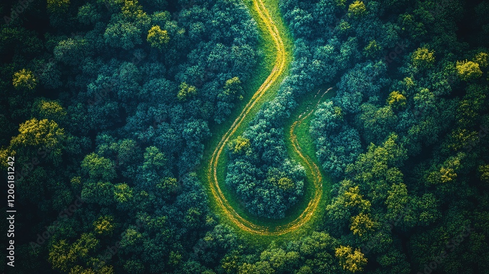 Aerial view of a winding path through lush green forests, showcasing nature's beauty and serenity. Aerial view of a winding path through lush green forests, showcasing nature's beauty and serenity.