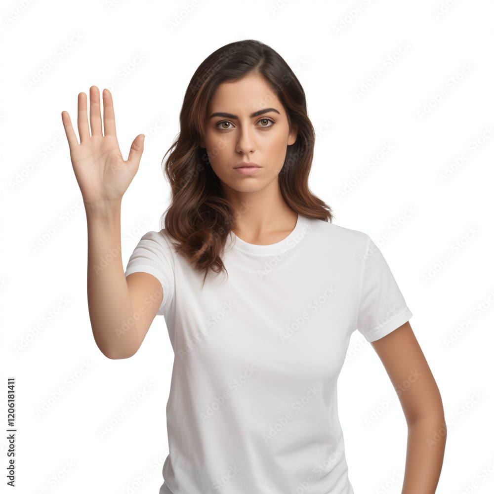 Woman showing stop gesture in white background Woman showing stop gesture in white background