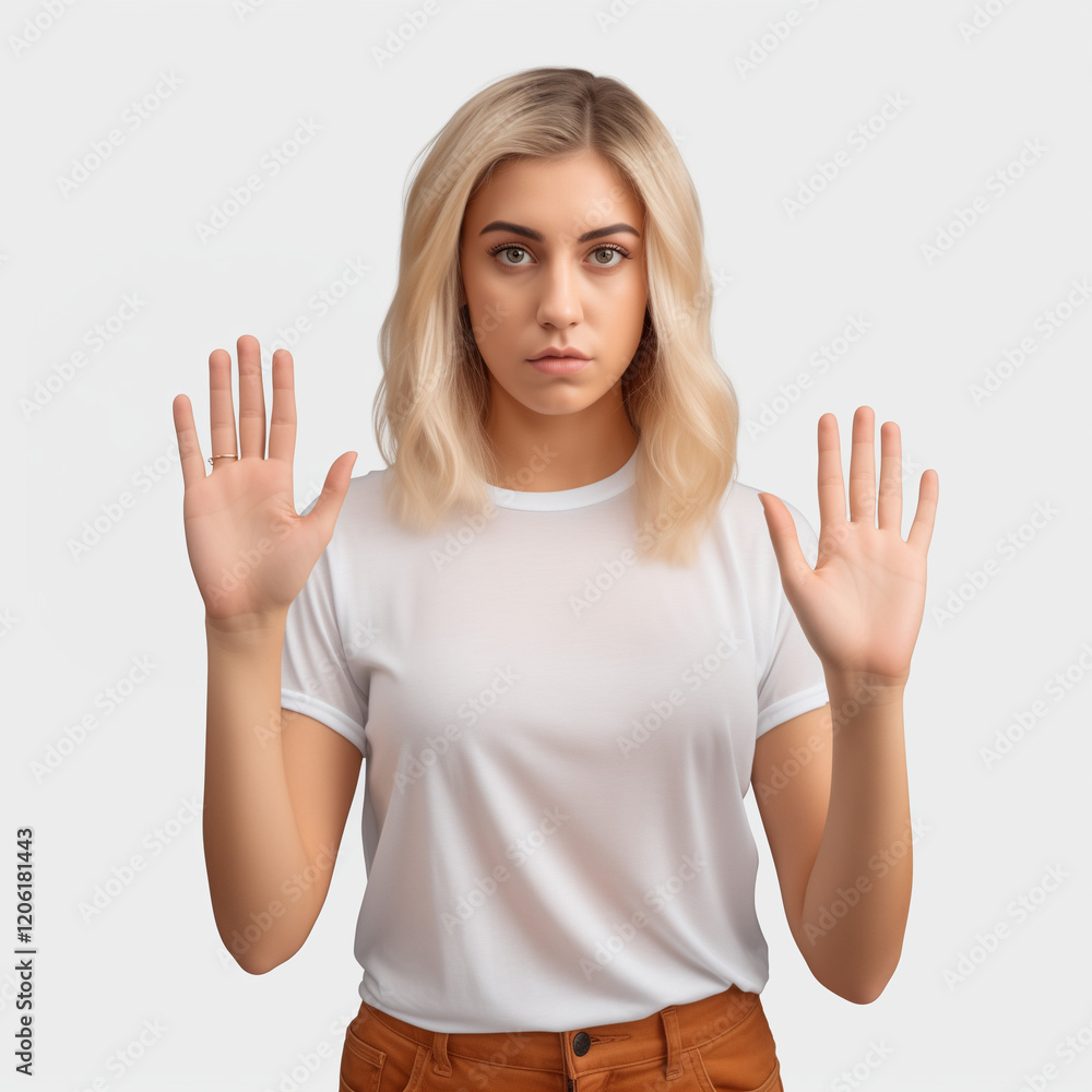 Woman with raised hands showing stop gesture against white background Woman with raised hands showing stop gesture against white background
