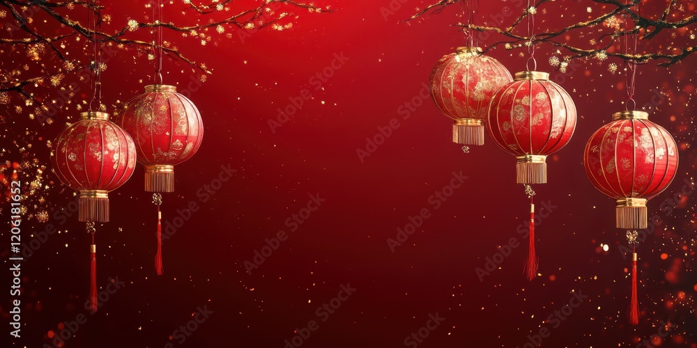 Red Lanterns with Golden Floral Decor, Celebrating Festive New Year