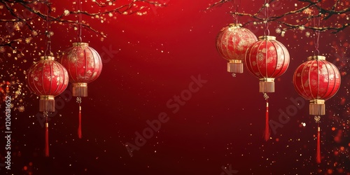 Obraz na płótnie Red Lanterns with Golden Floral Decor, Celebrating Festive New Year w salonie