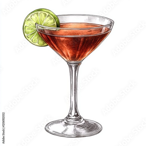 Wallpaper Mural Cosmopolitan cocktail illustrated in watercolor with a lime garnish in the glass. Hand-drawn and isolated on a clean white background. Suitable for alcoholic recipe lists and cafe bar brochures Torontodigital.ca