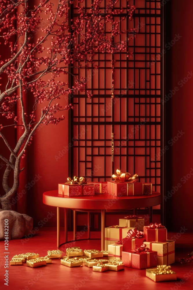 Chinese Red Gold Decor with Gift Boxes, Elegant Festive Ambiance