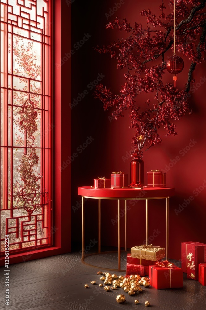 Chinese Red Gold Decor with Gift Boxes, Elegant Festive Ambiance