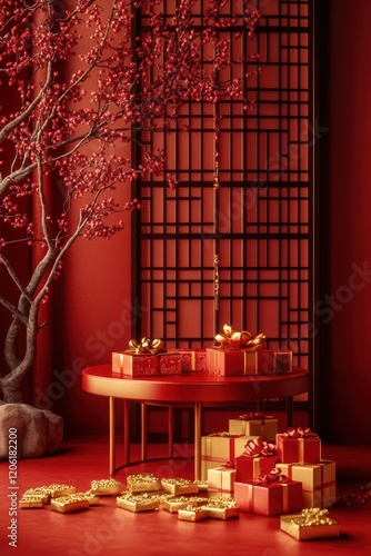 Chinese Red Gold Decor with Gift Boxes, Elegant Festive Ambiance