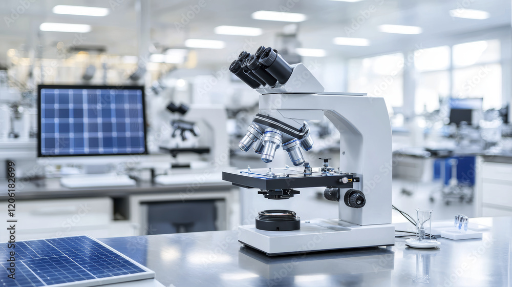 modern laboratory with microscope, solar panel, and advanced equipment modern laboratory with microscope, solar panel, and advanced equipment