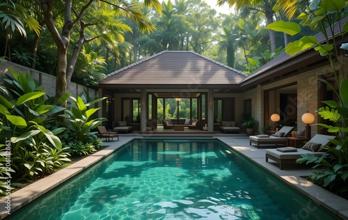 Wallpaper Mural tropical luxury retreat, open-air villa, lush jungle surroundings, private pool, natural stone architecture, wooden furniture, hanging lamps, tranquil atmosphere Torontodigital.ca