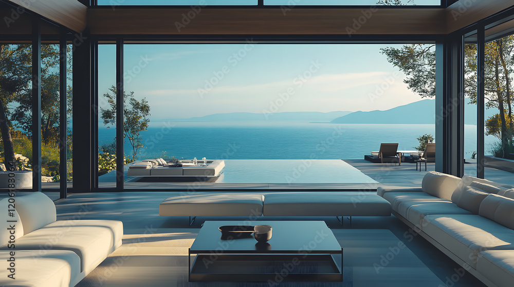 Fototapeta premium Relaxing outdoor lounge by infinity pool, ocean backdrop.
