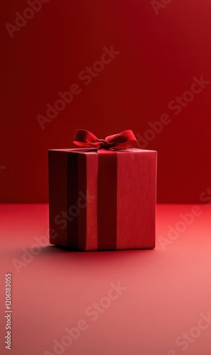Obraz na płótnie Red Gift Box with Ribbon, A Warm Festive Atmosphere w salonie
