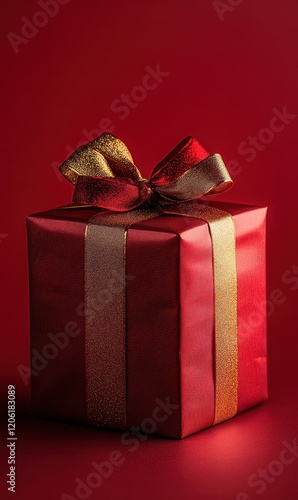 Obraz na płótnie Red Gift Box with Ribbon, A Warm Festive Atmosphere w salonie