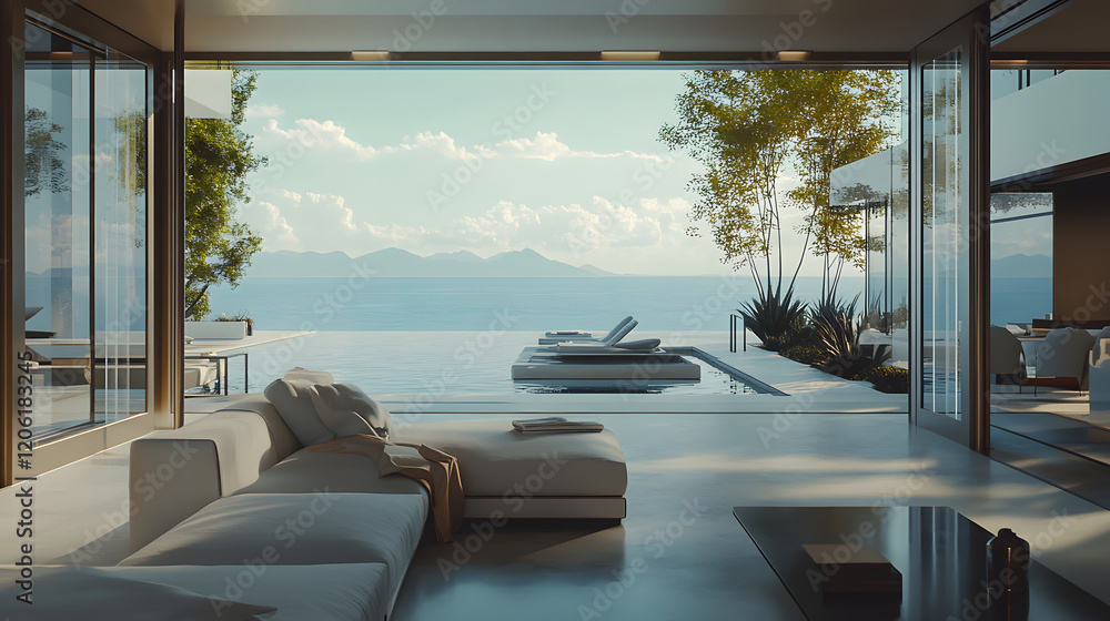 Fototapeta premium Contemporary oceanfront villa with sunset view.