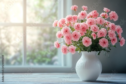 Wallpaper Mural Blooming pink carnations a white vase rustic table with soft morning sunlight romantic decor feel Torontodigital.ca