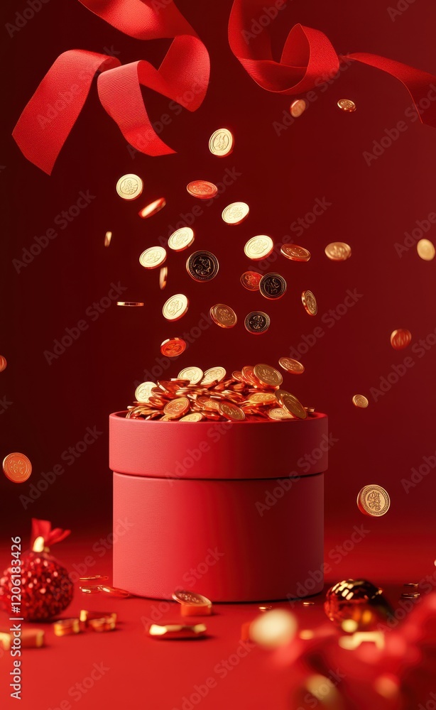 Golden Coins Pouring from Red Gift Box, Symbol of Prosperity