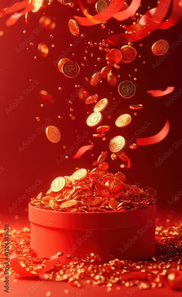 Golden Coins Pouring from Red Gift Box, Symbol of Prosperity
