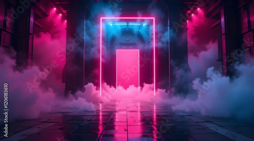 Neon red doorway portal, misty atmospheric fog, vibrant pink and blue lighting, reflective wet floor, cyberpunk aesthetic, dramatic mood, surreal dreamscape photo