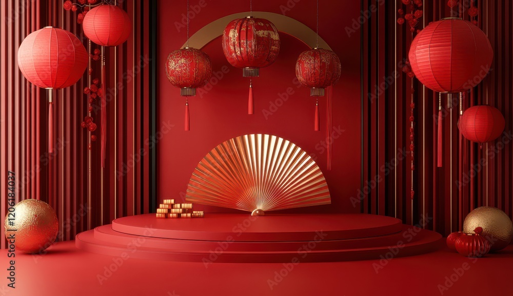 Chinese Red Lanterns with Golden Fan Stage, Traditional Festive Ambiance