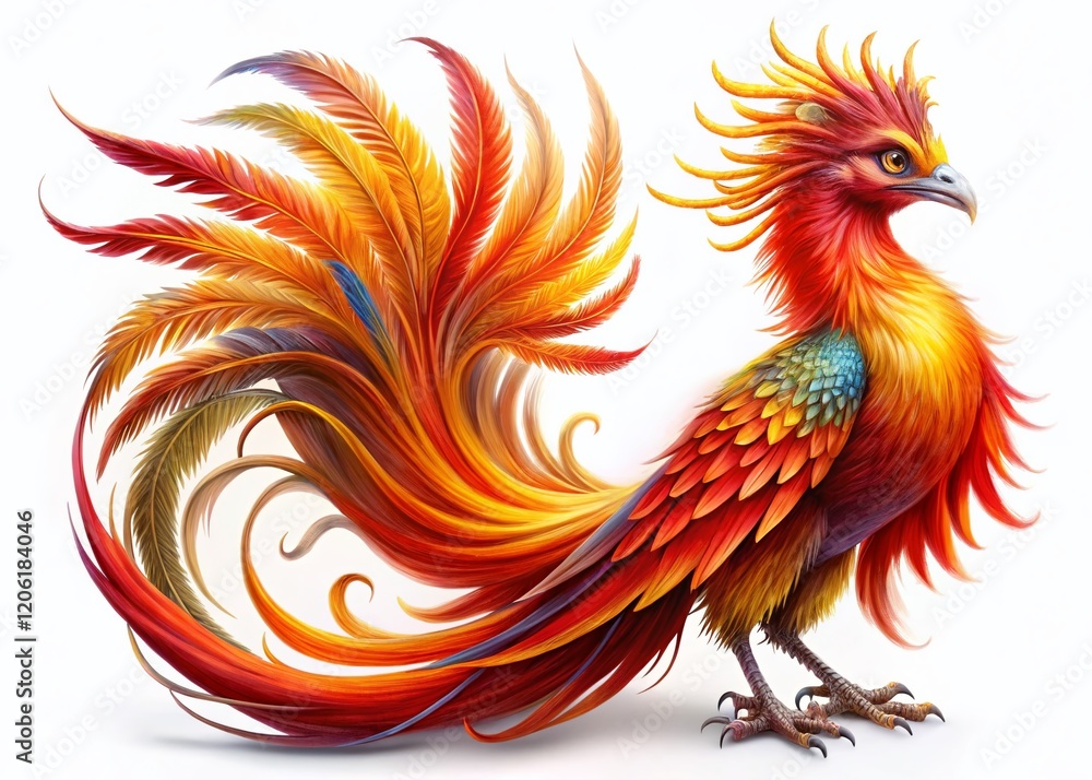 Fototapeta premium Majestic Chinese Phoenix Bird, Mythical Creature, Isolated White Background, Asian Mythology, Bird Illustration