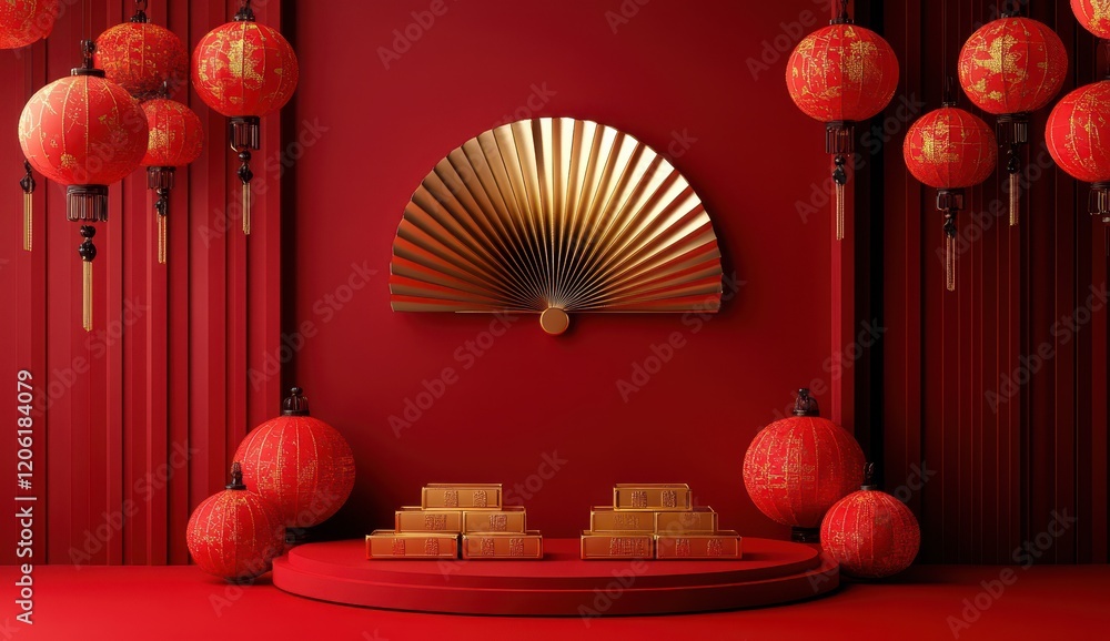 Chinese Red Lanterns with Golden Fan Stage, Traditional Festive Ambiance