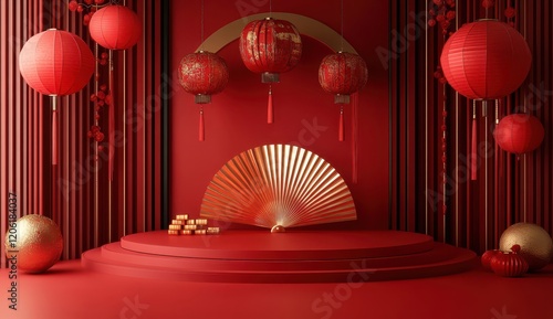 Obraz na płótnie Chinese Red Lanterns with Golden Fan Stage, Traditional Festive Ambiance w salonie