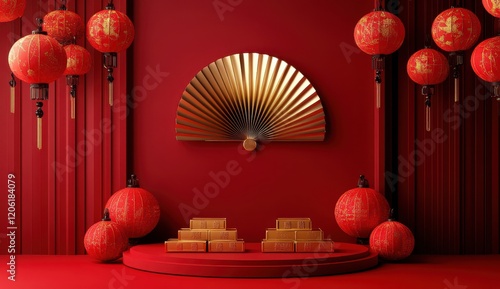 Obraz na płótnie Chinese Red Lanterns with Golden Fan Stage, Traditional Festive Ambiance w salonie