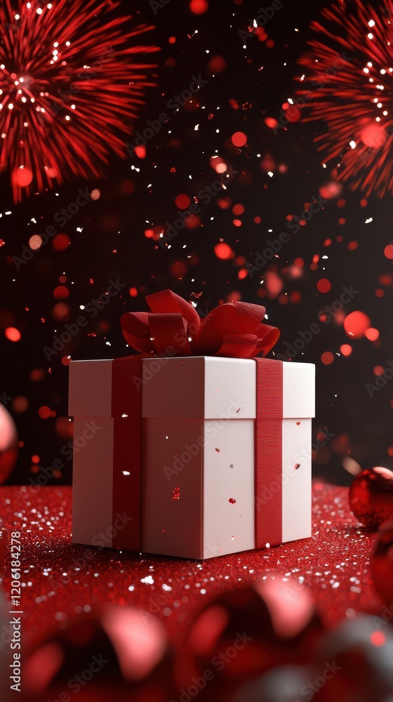 Red Gift Boxes with Fireworks Celebration, Festive Joyful Ambiance