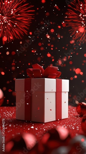 Obraz na płótnie Red Gift Boxes with Fireworks Celebration, Festive Joyful Ambiance w salonie