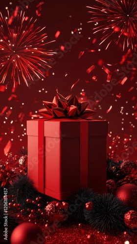Obraz na płótnie Red Gift Boxes with Fireworks Celebration, Festive Joyful Ambiance w salonie