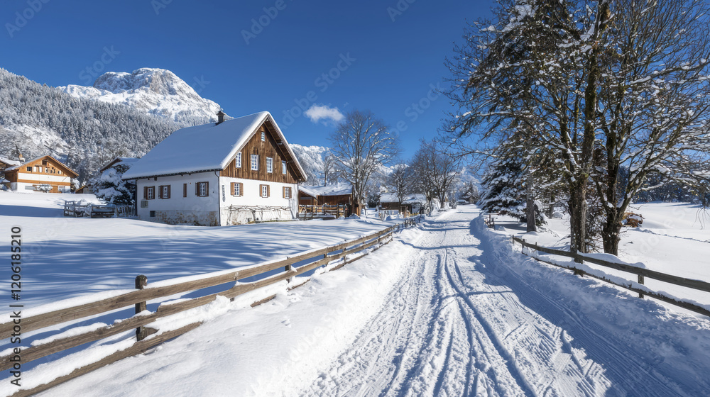 picturesque winter scene featuring snow covered village with charming houses, clear blue sky, and serene pathway picturesque winter scene featuring snow covered village with charming houses, clear blue sky, and serene pathway