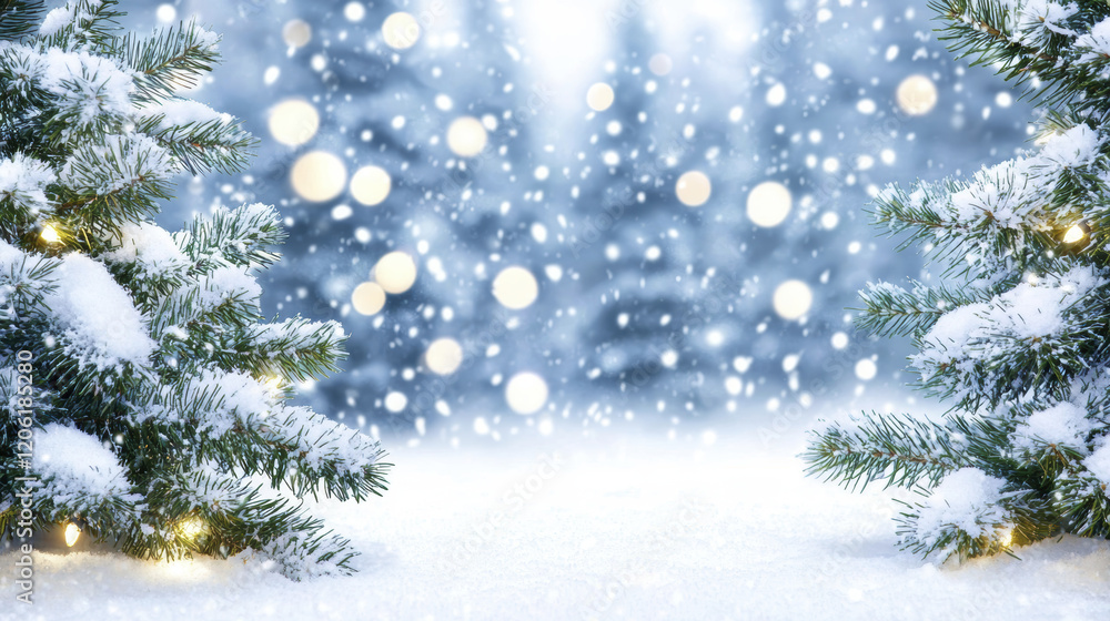 Enchanting winter landscape with snow covered trees and soft snowfall, creating serene atmosphere filled with holiday spirit Enchanting winter landscape with snow covered trees and soft snowfall, creating serene atmosphere filled with holiday spirit