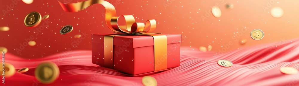 Red Gift Box with Flying Coins, Symbol of Wealth and Festivity