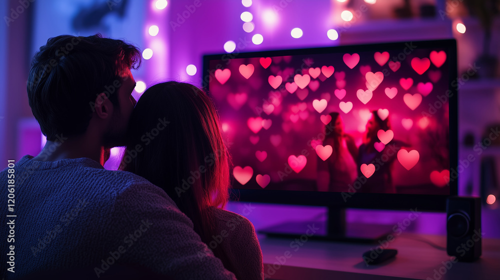 Couple enjoying augmented reality hearts in a cozy evening setting Couple enjoying augmented reality hearts in a cozy evening setting