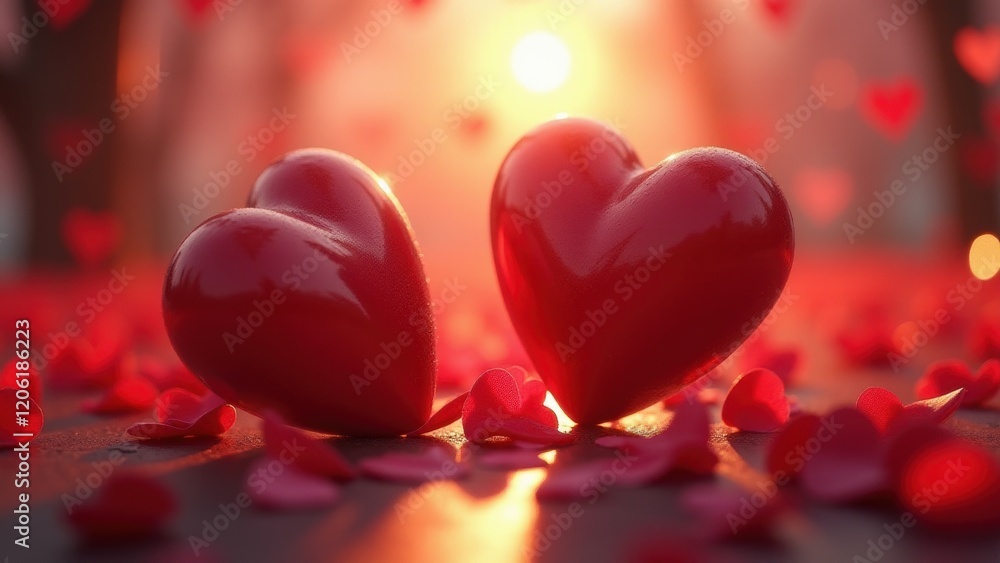 A red heart surrounded by petals, glowing with warm and romantic colors A red heart surrounded by petals, glowing with warm and romantic colors
