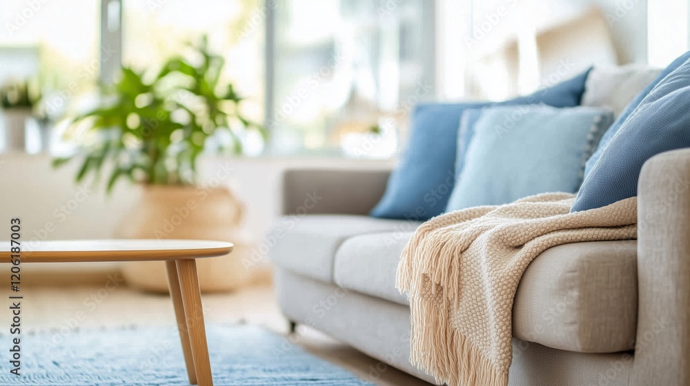 Fototapeta premium A chic living room in blue decor with throws and decorative pillows. A blue-toned living room under natural light.