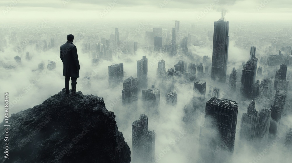 Man Standing on a Cliff Overlooking a Foggy Urban Landscape Man Standing on a Cliff Overlooking a Foggy Urban Landscape
