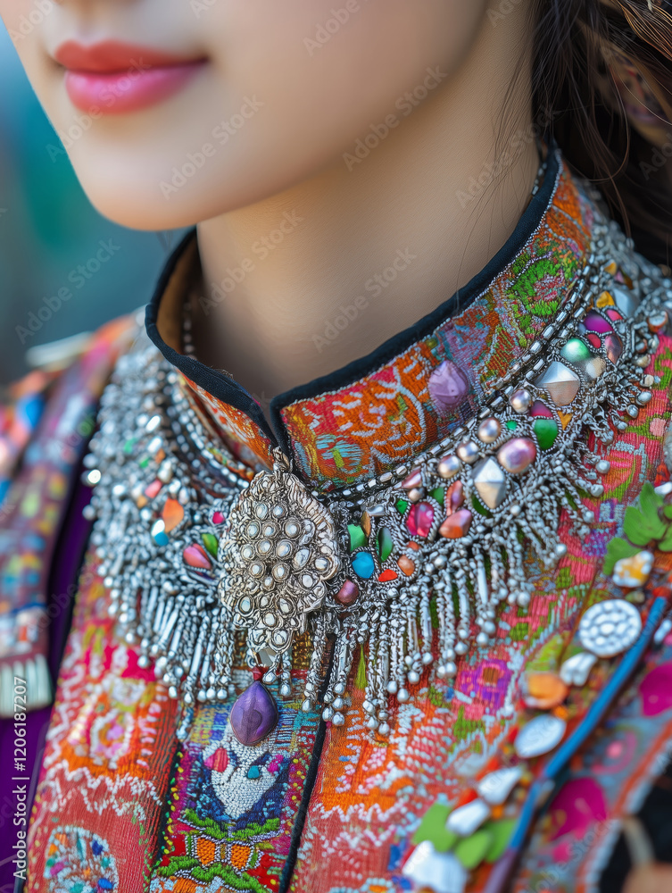 Obraz premium Hmong New Year: vibrant attire and intricate silver ornaments