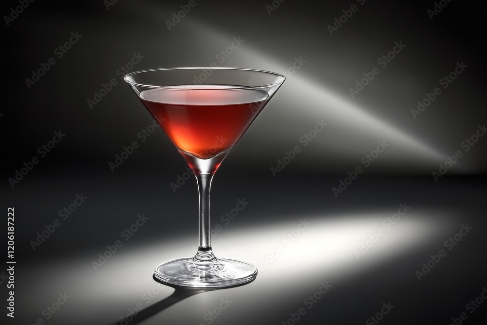 Strawberry slices falling gently into a red hued cocktail in a martini glass Strawberry slices falling gently into a red hued cocktail in a martini glass
