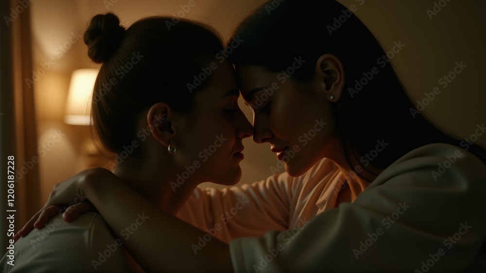 A couple gazing at each other with deep love and connection in warm, intimate light.. A couple gazing at each other with deep love and connection in warm, intimate light..