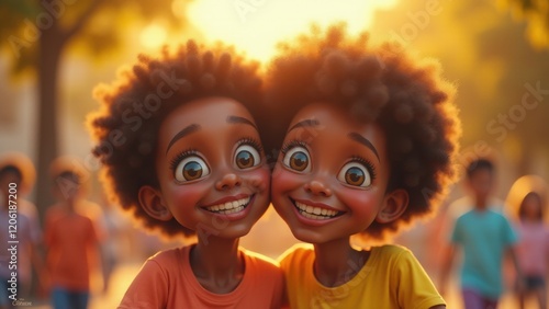 Two children laughing and enjoying a joyful moment outdoors in golden sunlight..