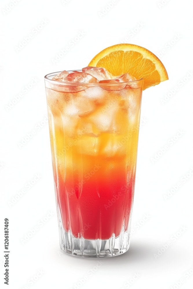 A tall Tequila Sunrise cocktail with an orange garnish, displayed isolated on a white background A tall Tequila Sunrise cocktail with an orange garnish, displayed isolated on a white background