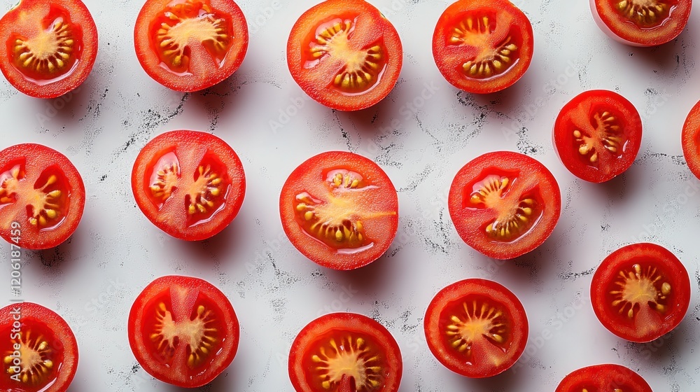 Fresh Sliced Tomatoes Arranged on a Marble Background for Cooking Fresh Sliced Tomatoes Arranged on a Marble Background for Cooking