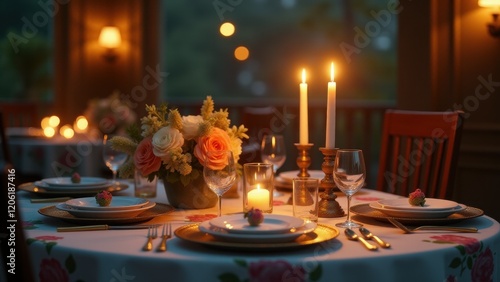 A beautifully set dinner table with candles, wine glasses, and floral decorations, creating a romantic atmosphere..